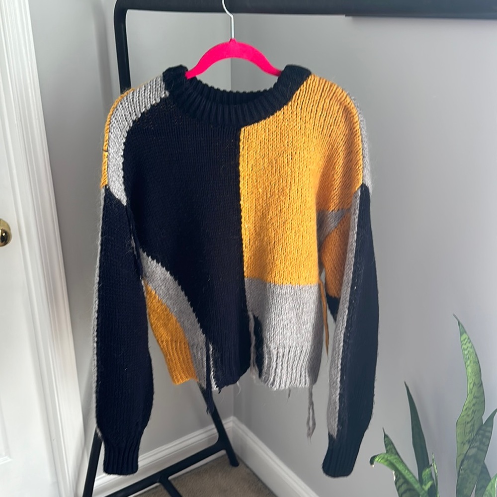 Zara Knit Black Grey Yellow Geometric Color Block Oversized Sweater Size Small